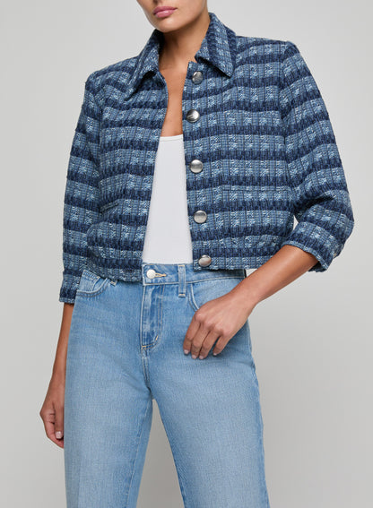 Jia Cropped Tweed Jacket Blue Multi Stripe - L'AGENCE