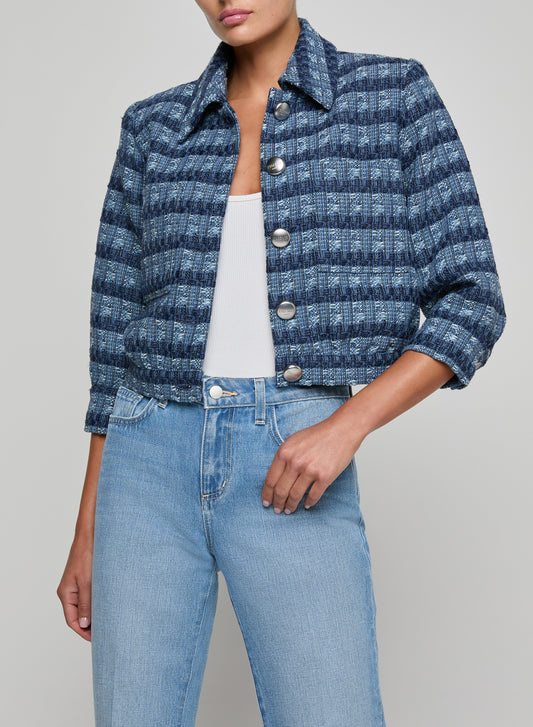 Jia Cropped Tweed Jacket Blue Multi Stripe - L'AGENCE