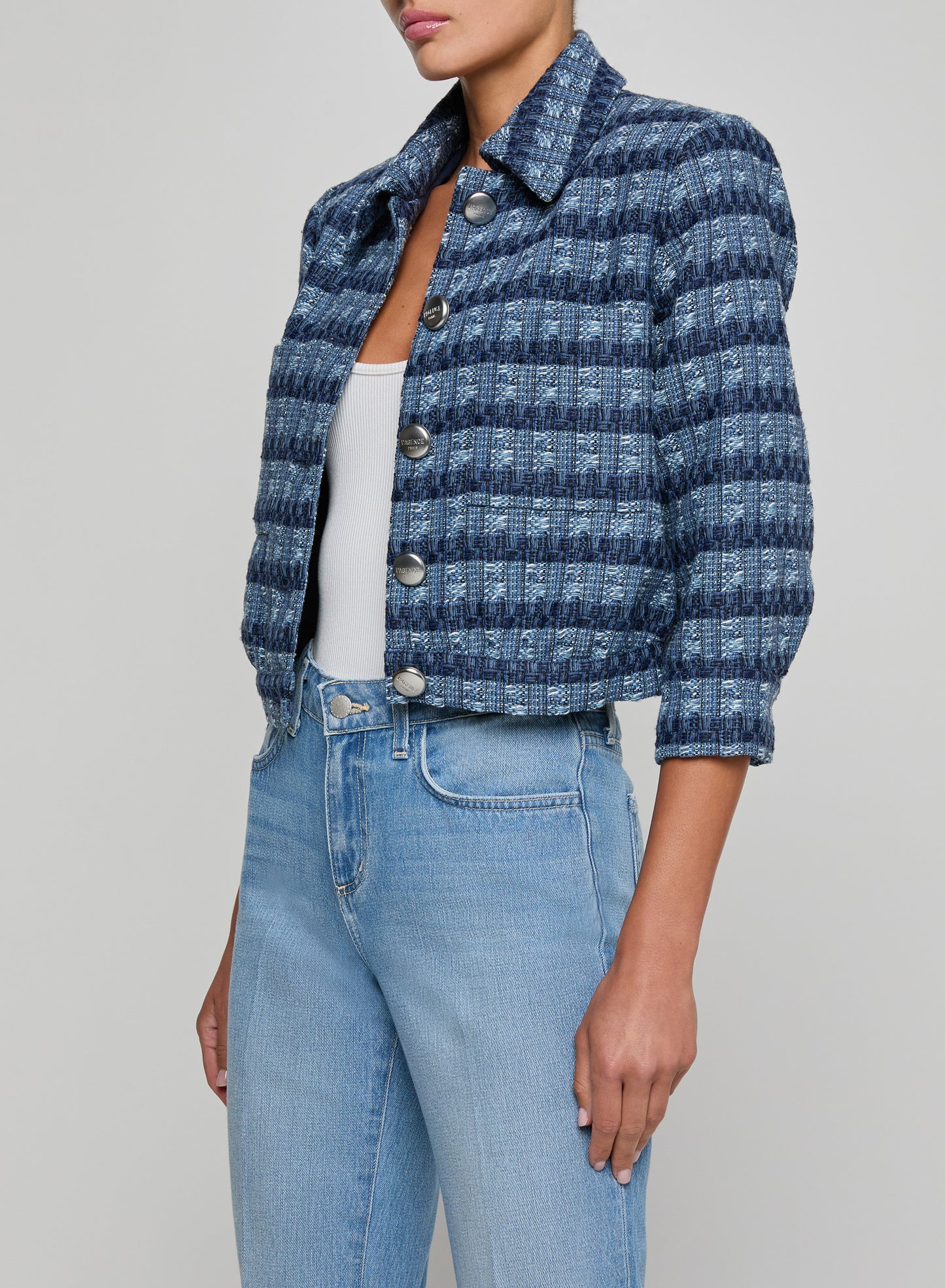 Jia Cropped Tweed Jacket Blue Multi Stripe - L'AGENCE