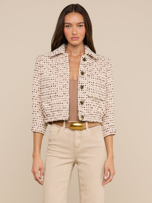 Jia Cropped Tweed Jacket Ivory/Pink/Dark Brown/Silver Tweed - L'AGENCE