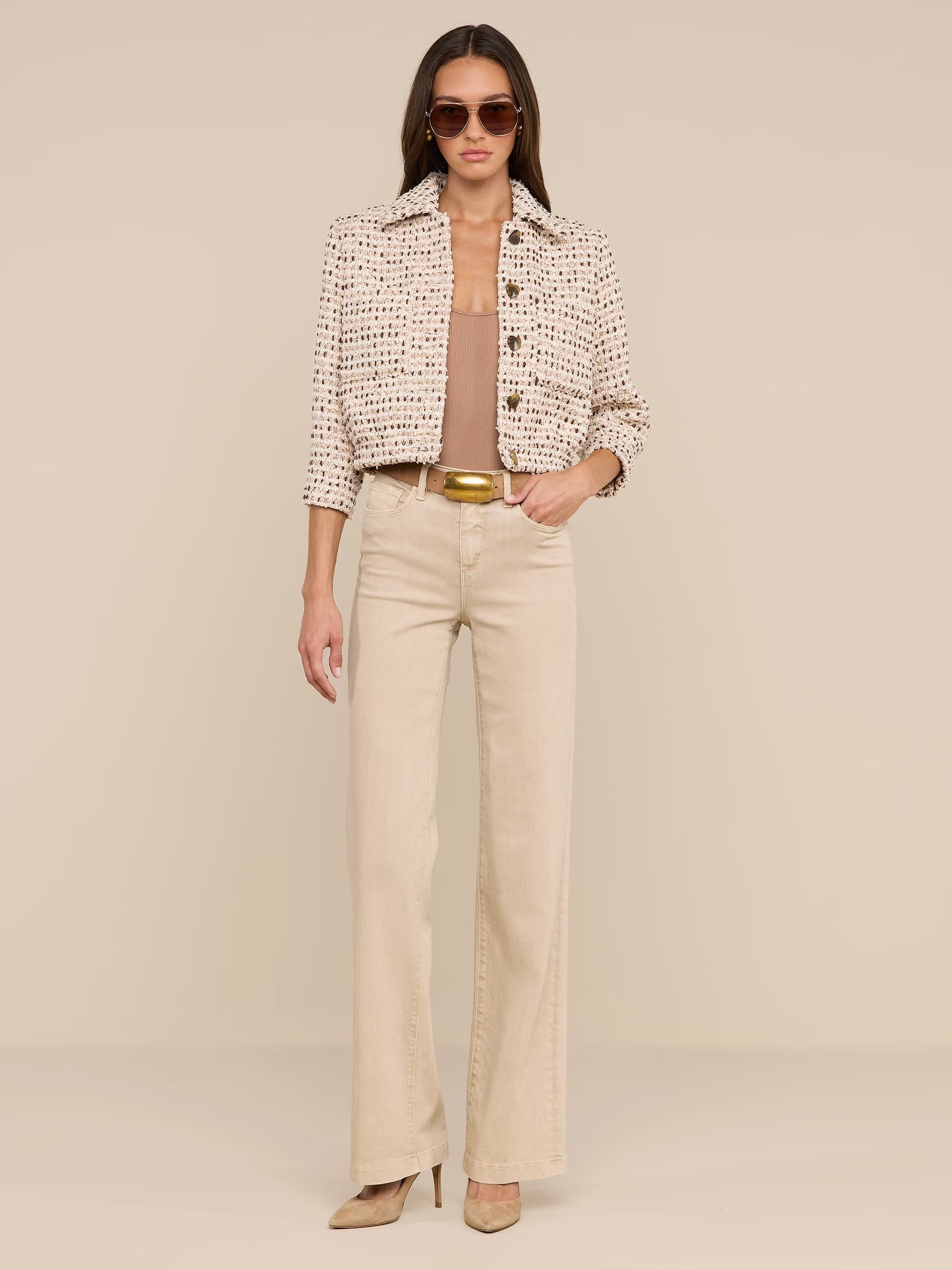 Jia Cropped Tweed Jacket Ivory/Pink/Dark Brown/Silver Tweed - L'AGENCE