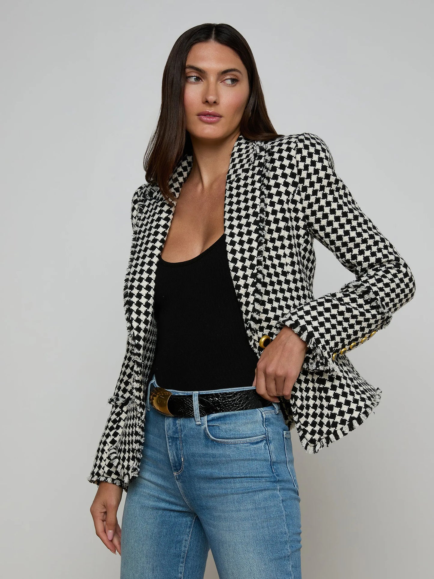 Kaisley Tweed Blazer Black/Ivory Diamond Tweed - L'AGENCE