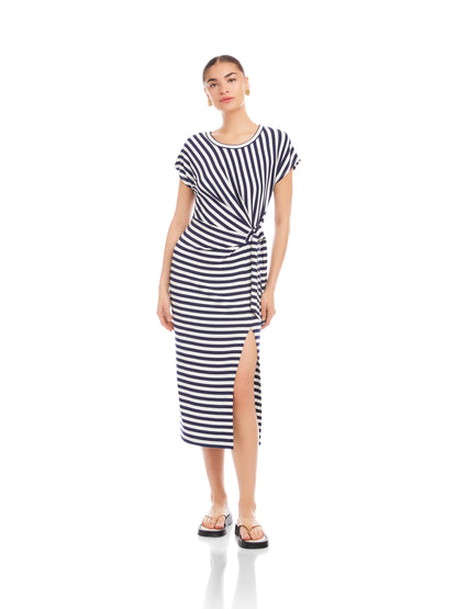 Marisa Side-Knot Midi Dress Navy/White - Fifteen Twenty
