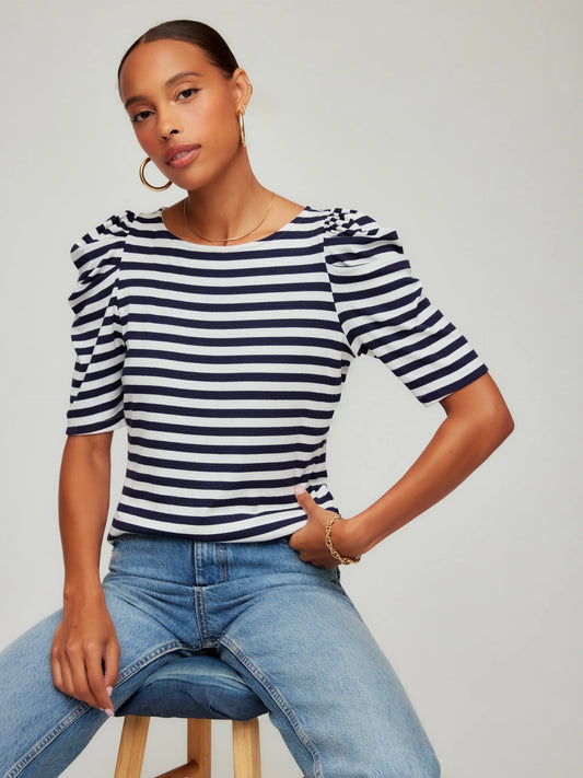 Marni Elbow Sleeve Top Navy/White - Fifteen Twenty