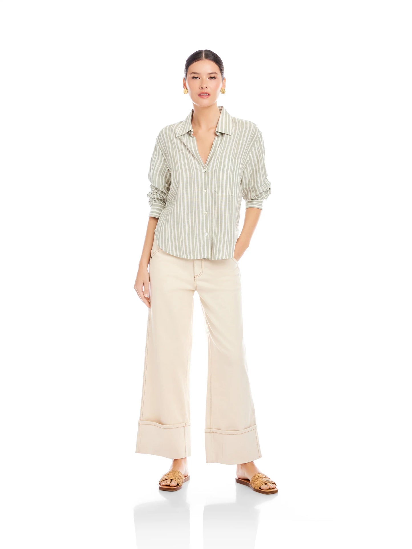 Leighton Ruched Sleeve Shirt Sage - Fifteen Twenty