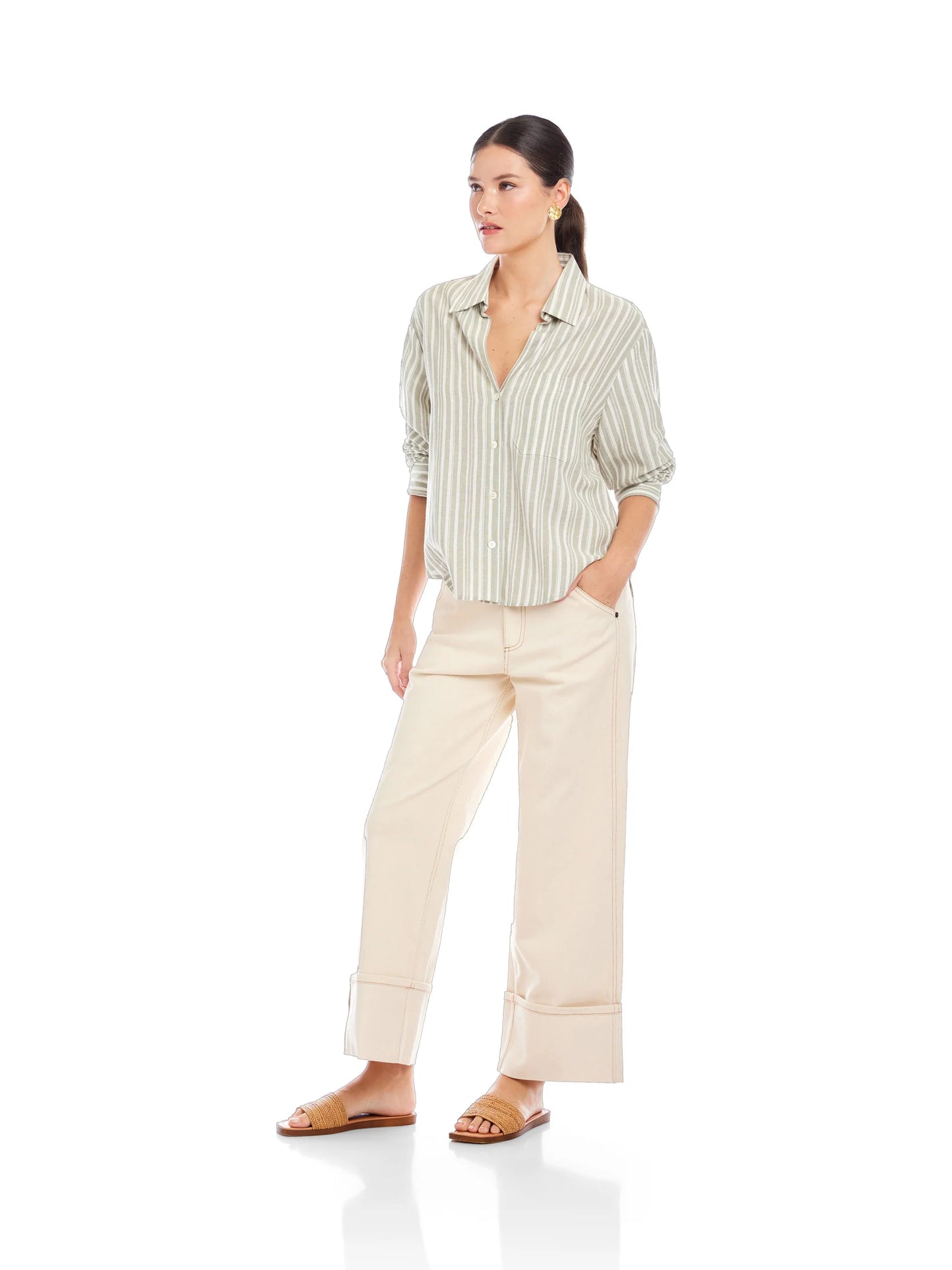 Leighton Ruched Sleeve Shirt Sage - Fifteen Twenty