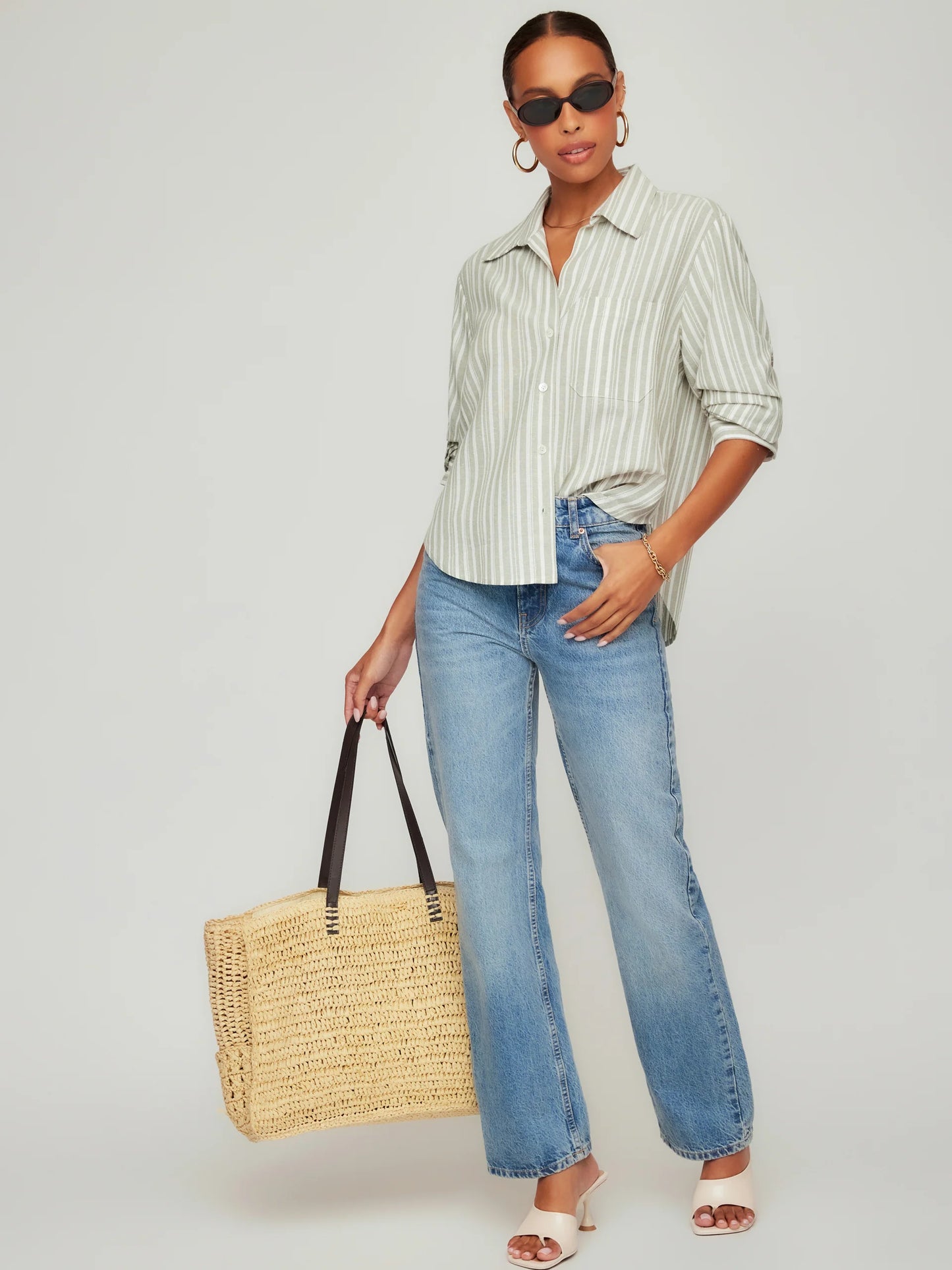 Leighton Ruched Sleeve Shirt Sage - Fifteen Twenty