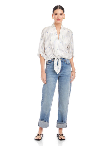 Bernice Tie-Front Blouse Cream/Blue - Fifteen Twenty
