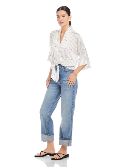Bernice Tie-Front Blouse Cream/Blue - Fifteen Twenty