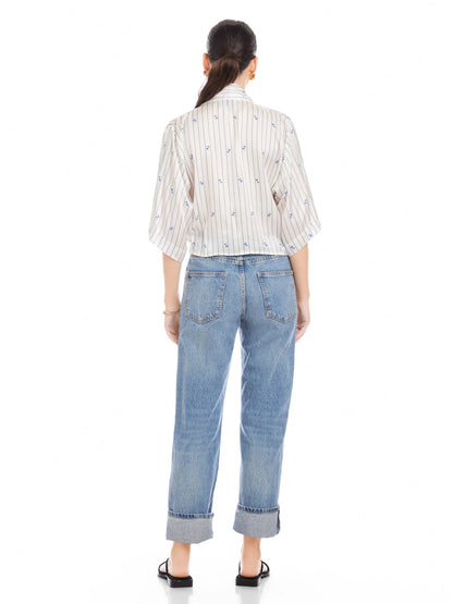 Bernice Tie-Front Blouse Cream/Blue - Fifteen Twenty