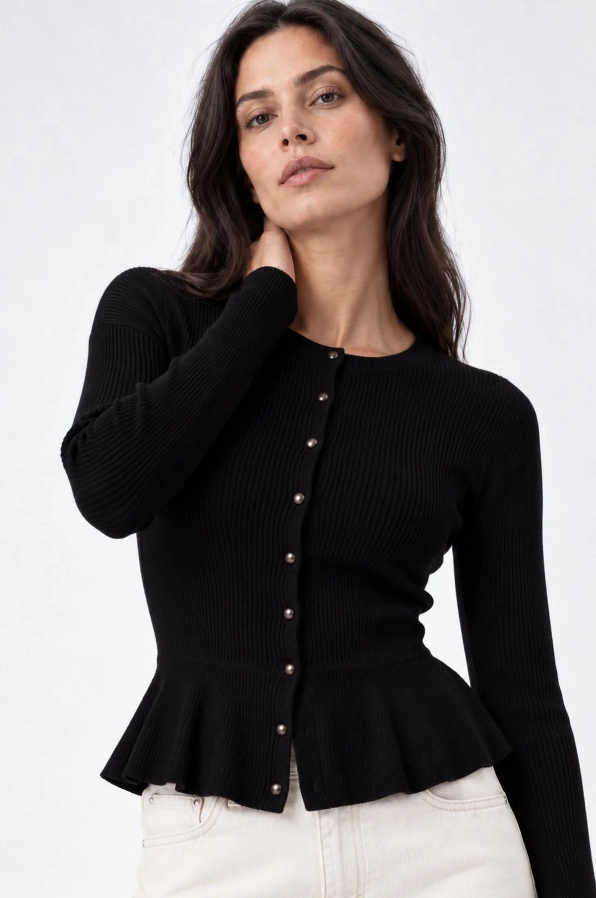 Ribbed Peplum Cardigan Black - Minnie Rose