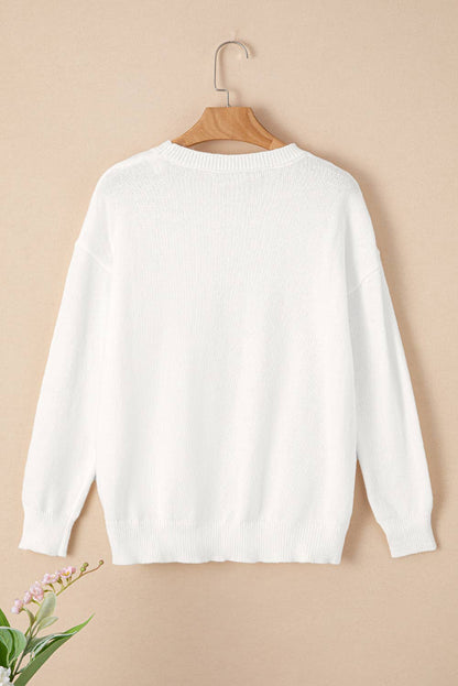 Merry & Bright Round Neck Casual Sweater White - Jackie Z Style Co.