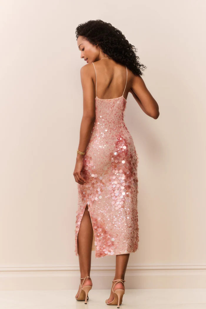 Kayleen Sequin Midi Dress Malibu Peach - LoveShackFancy