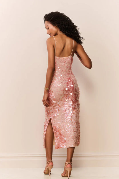 Kayleen Sequin Midi Dress Malibu Peach - LoveShackFancy
