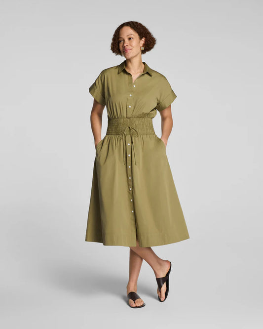 Poplin Smocked Midi Shirt Dress Olive Branch - SPANX