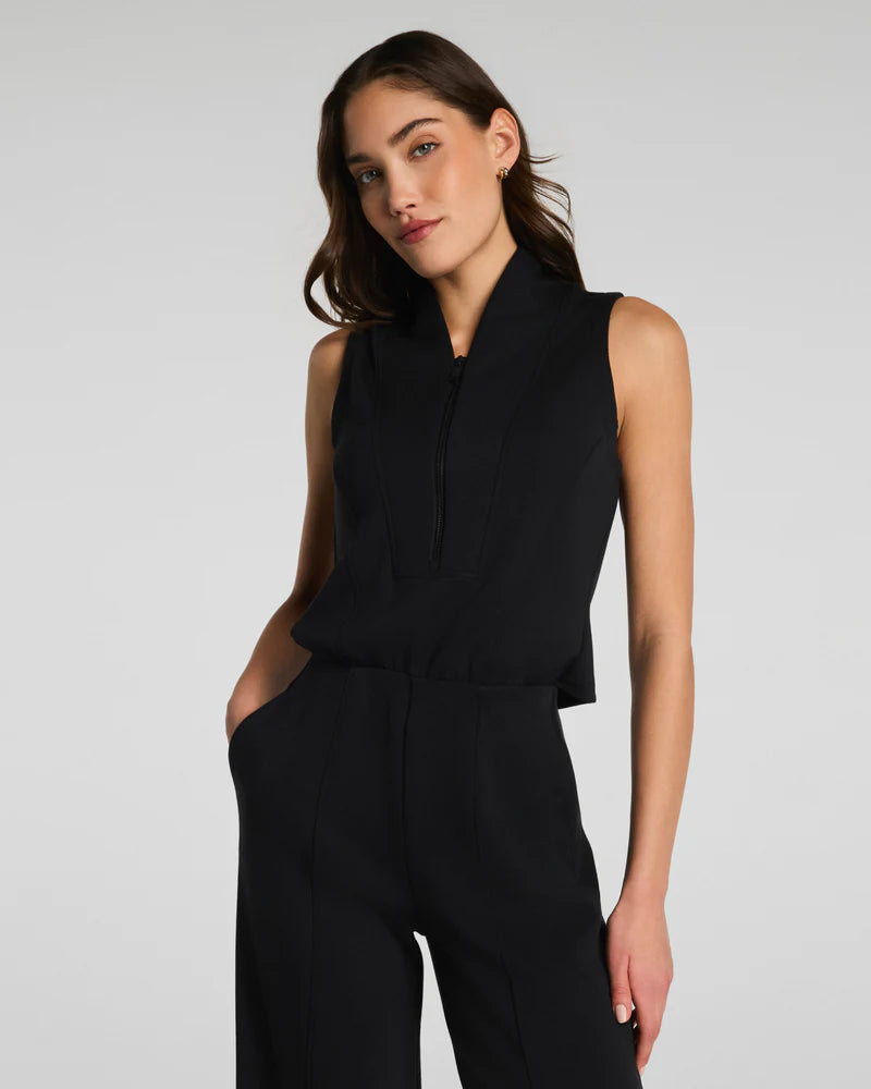 Airessentials Shawl Collar Half Zip Jumpsuit Very Black - SPANX