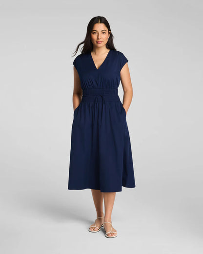 Poplin V-Neck Smocked Midi Dress Timeless Navy - SPANX