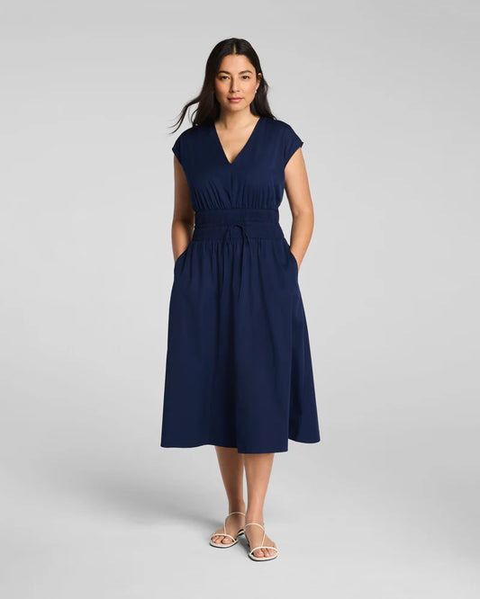 Poplin V-Neck Smocked Midi Dress Timeless Navy - SPANX