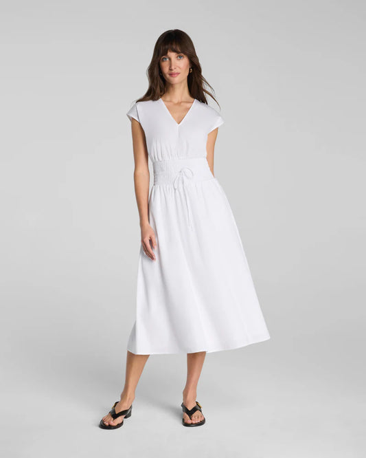 Poplin V-Neck Smocked Midi Dress Classic White - SPANX