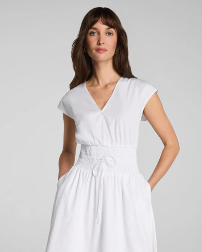 Poplin V-Neck Smocked Midi Dress Classic White - SPANX