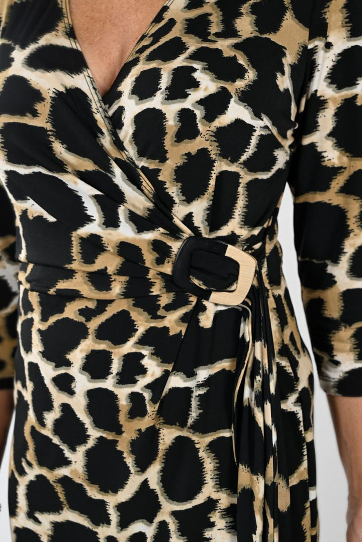 Leopard Print Wrap Knit Dress Black/Beige - Frank Lyman