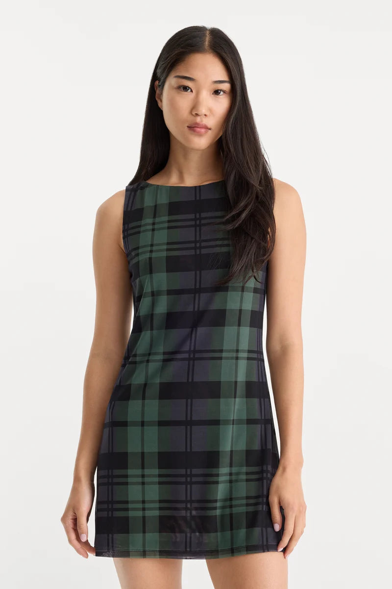 Mesh Mini Dress Navy/Green Plaid - Good American