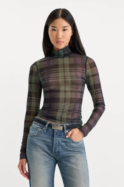 Mesh Turtleneck Navy/Green Plaid - Good American