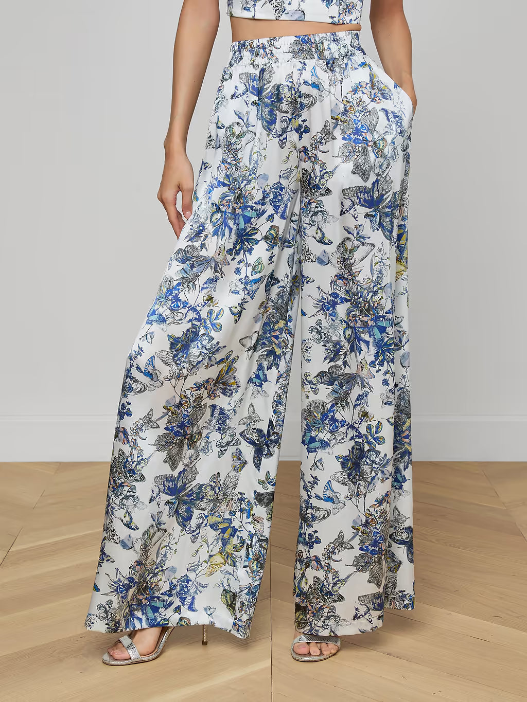 Lillian Silk Wide-Leg Pant Grey Multi Watercolor Butterfly - L'AGENCE