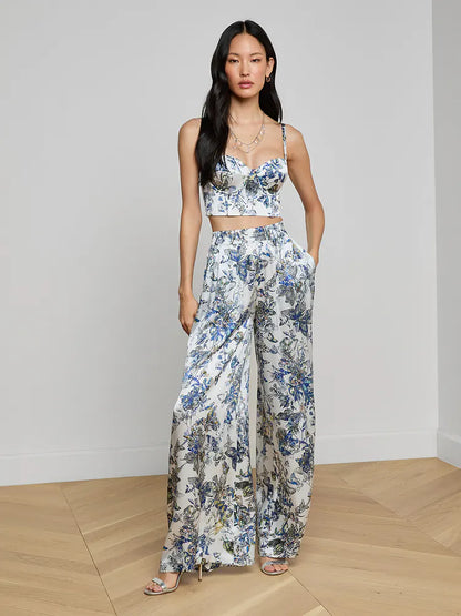 Lillian Silk Wide-Leg Pant Grey Multi Watercolor Butterfly - L'AGENCE