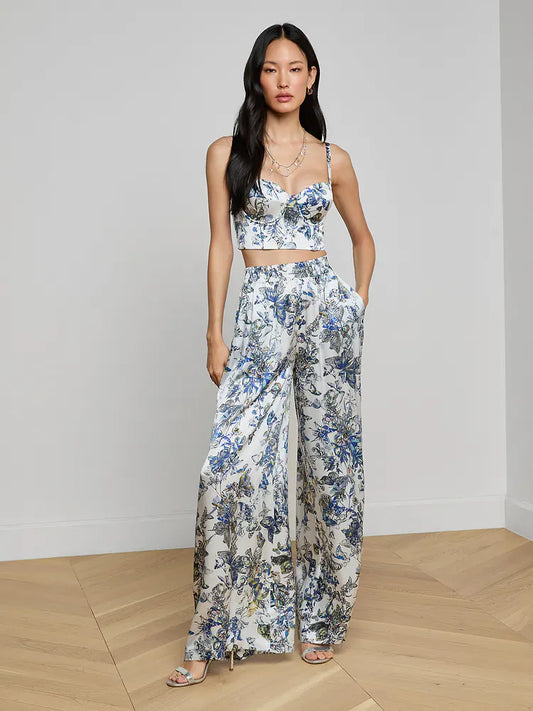 Lillian Silk Wide-Leg Pant Grey Multi Watercolor Butterfly - L'AGENCE