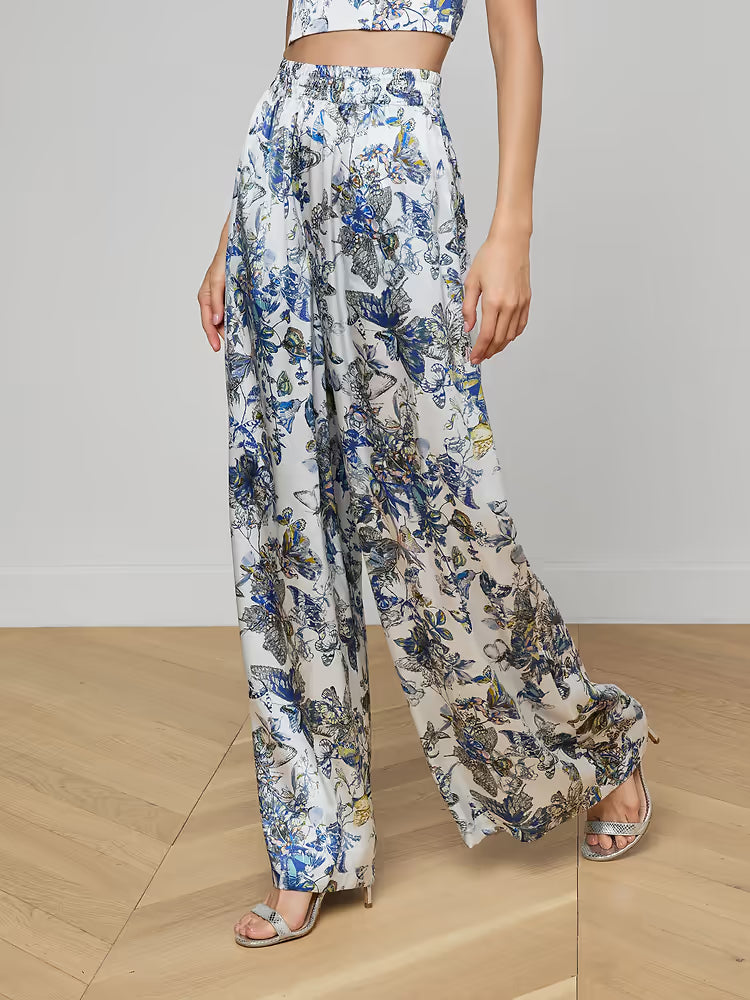 Lillian Silk Wide-Leg Pant Grey Multi Watercolor Butterfly - L'AGENCE