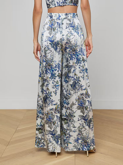 Lillian Silk Wide-Leg Pant Grey Multi Watercolor Butterfly - L'AGENCE