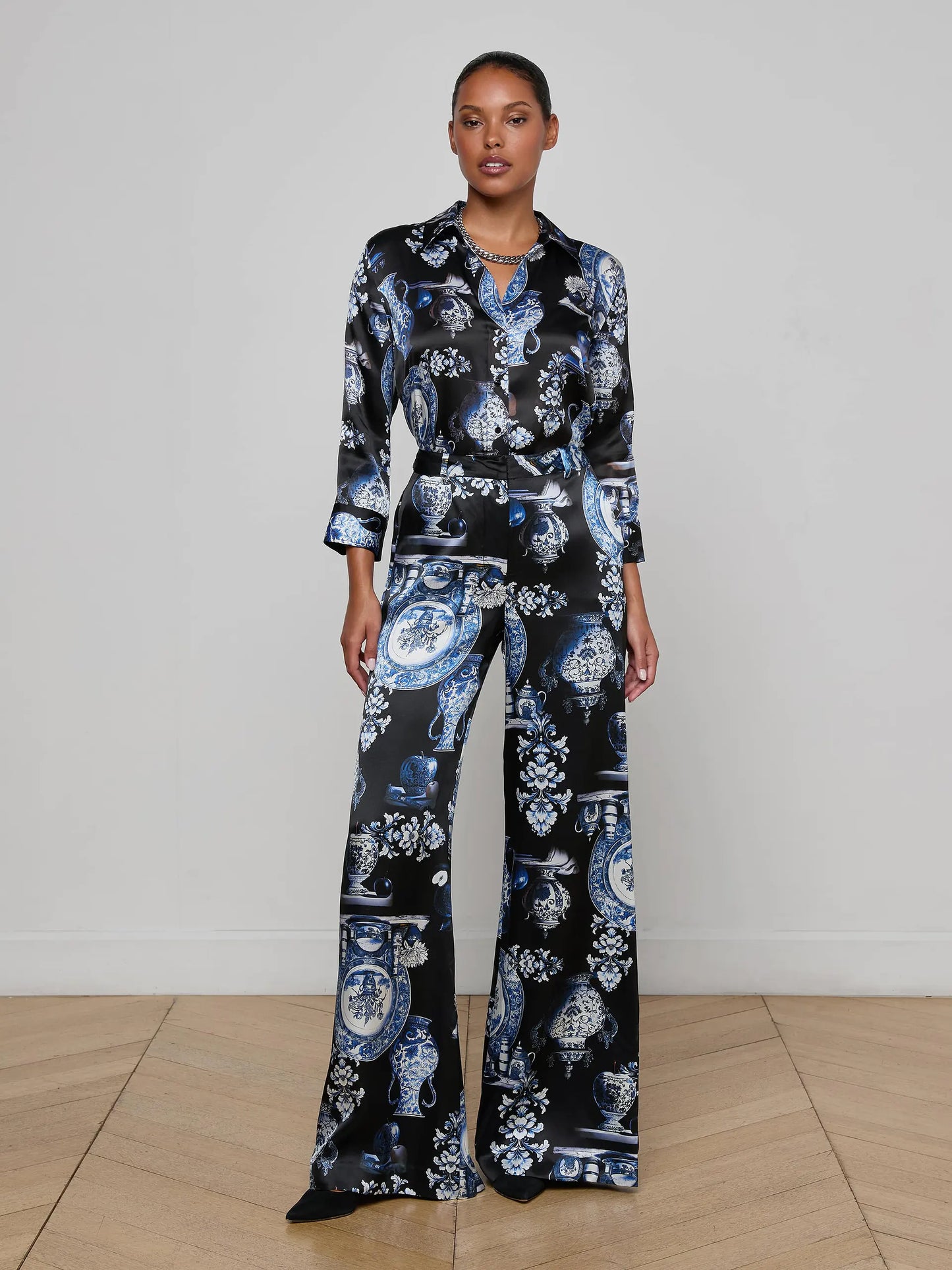 Pilar Silk Wide-Leg Pant Black/Blue Large Porcelain - L'AGENCE