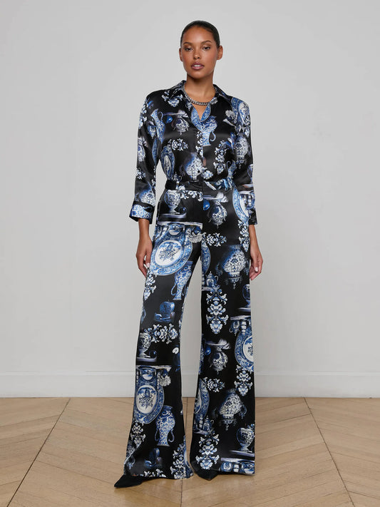 Pilar Silk Wide-Leg Pant Black/Blue Large Porcelain - L'AGENCE