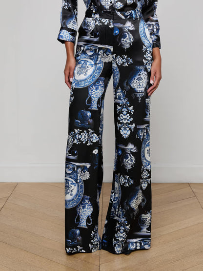 Pilar Silk Wide-Leg Pant Black/Blue Large Porcelain - L'AGENCE