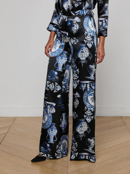 Pilar Silk Wide-Leg Pant Black/Blue Large Porcelain - L'AGENCE