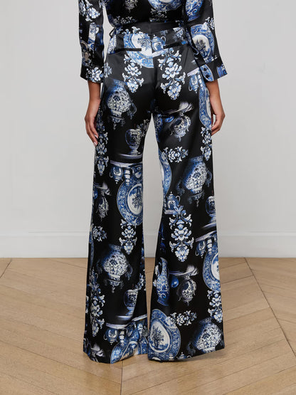 Pilar Silk Wide-Leg Pant Black/Blue Large Porcelain - L'AGENCE