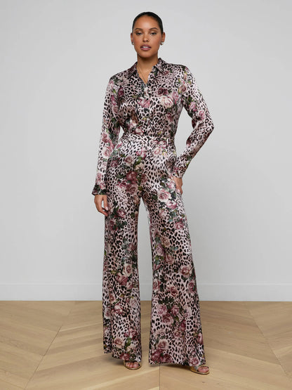 Pilar Silk Wide-Leg Pant Multi Small Rose Cheetah - L'AGENCE