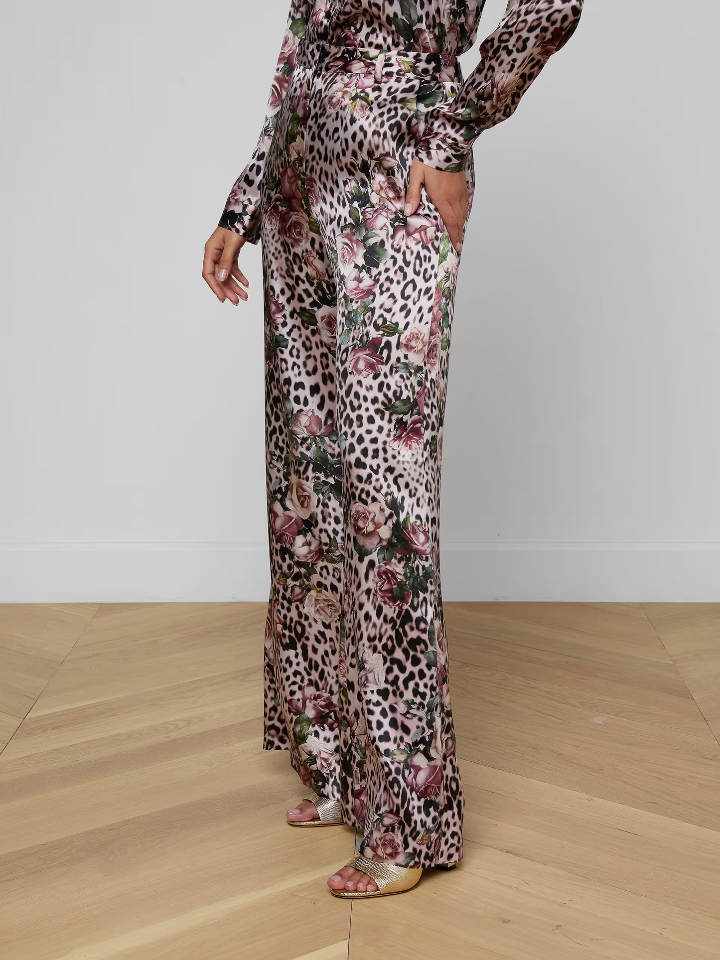 Pilar Silk Wide-Leg Pant Multi Small Rose Cheetah - L'AGENCE