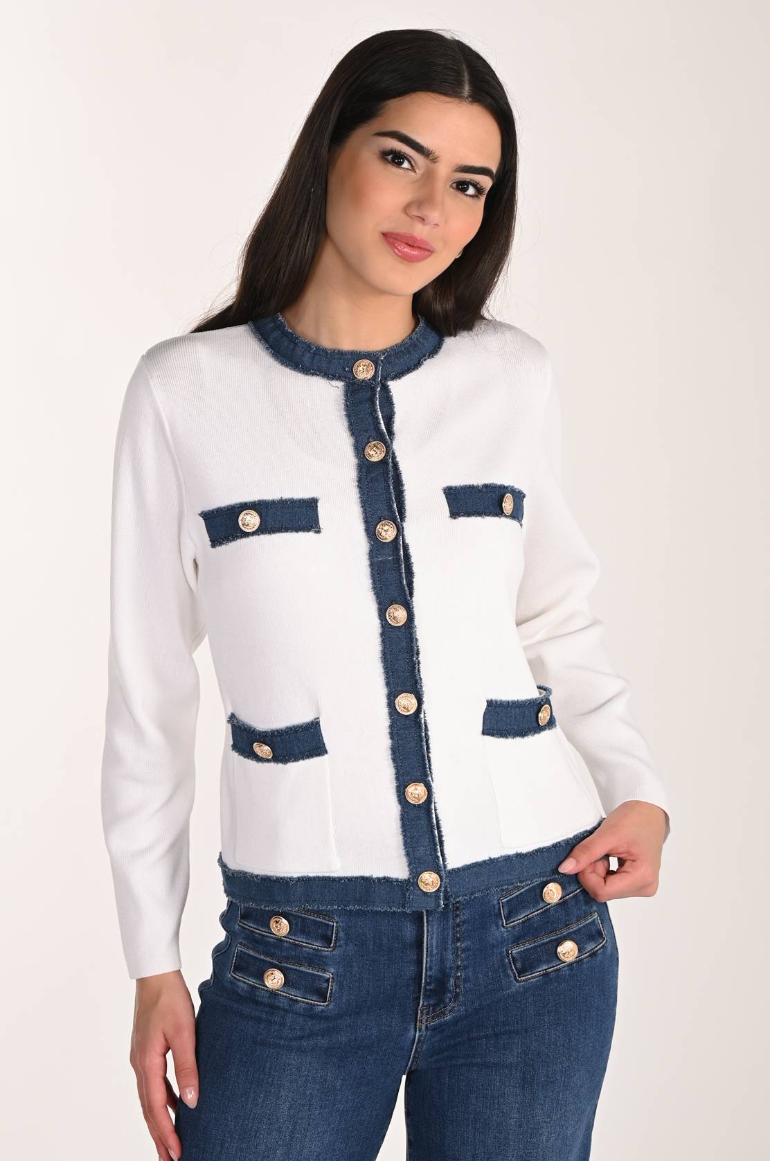 Knit/Denim Cardigan Off White/Blue - Frank Lyman