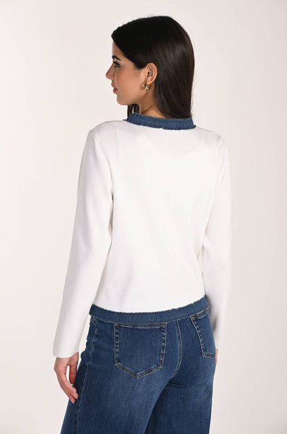 Knit/Denim Cardigan Off White/Blue - Frank Lyman