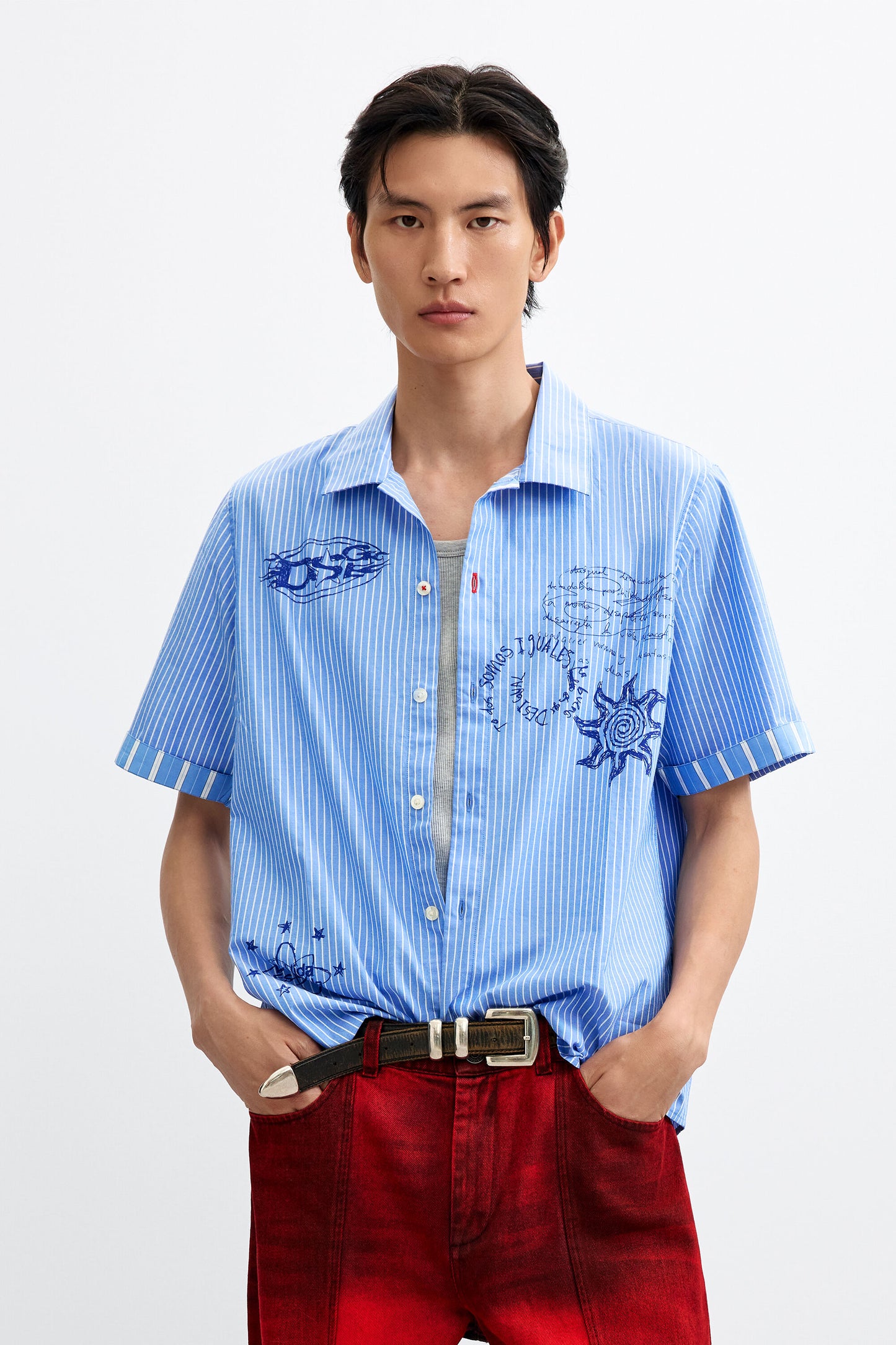 Short Printed Cotton Shirt Light Blue - Desigual