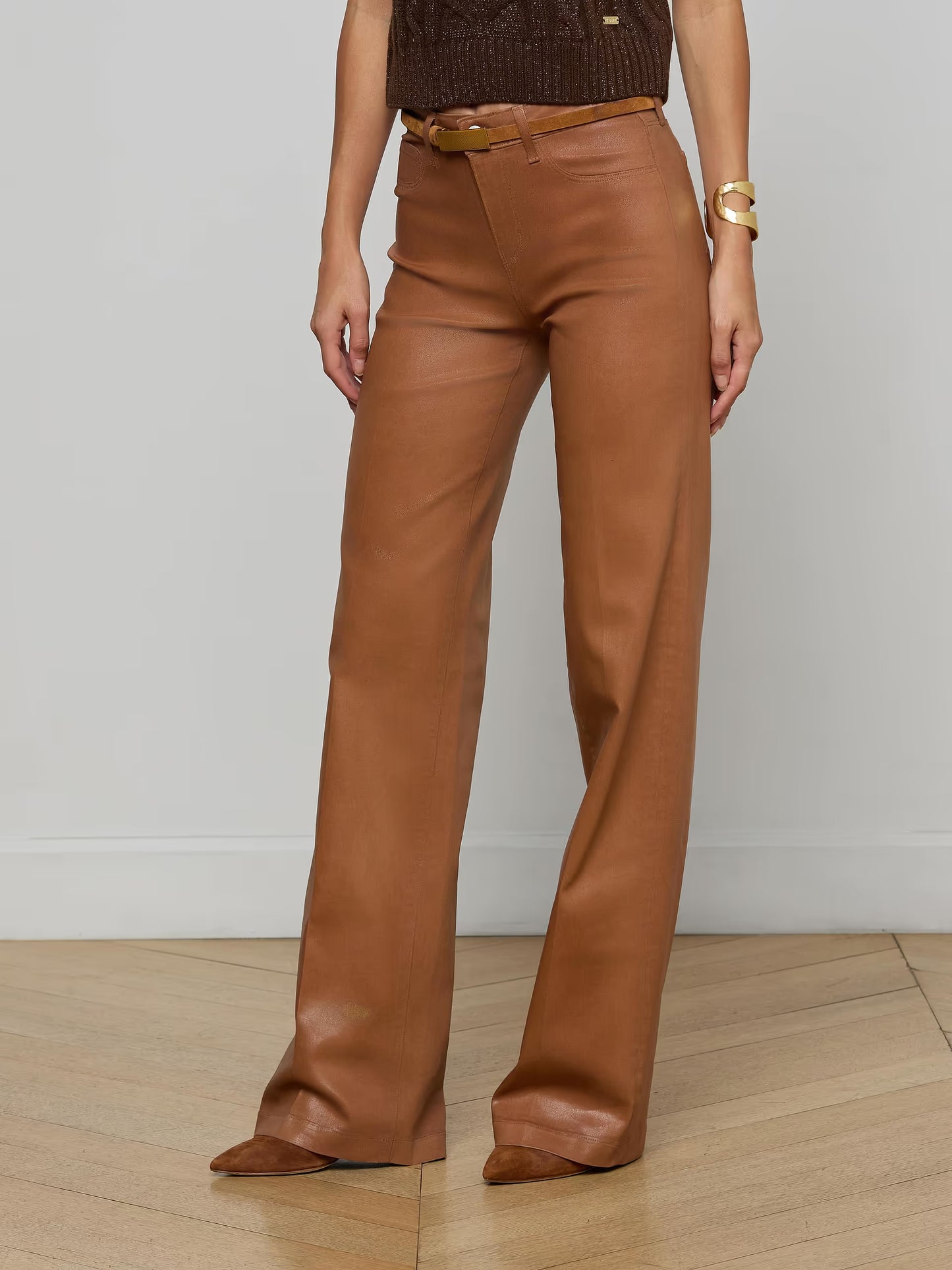 Clayton Wide-Leg Jean Light Cognac Coated - L'AGENCE
