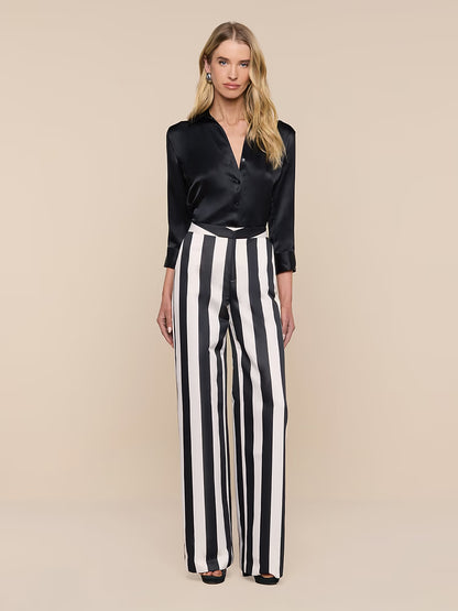 Livvy Satin Straight-Leg Trouser Vintage White/Black Large Stripe - L'AGENCE
