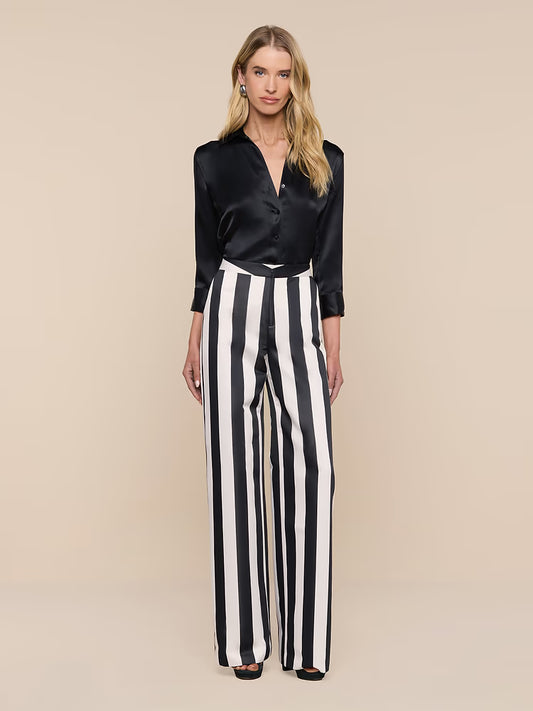 Livvy Satin Straight-Leg Trouser Vintage White/Black Large Stripe - L'AGENCE