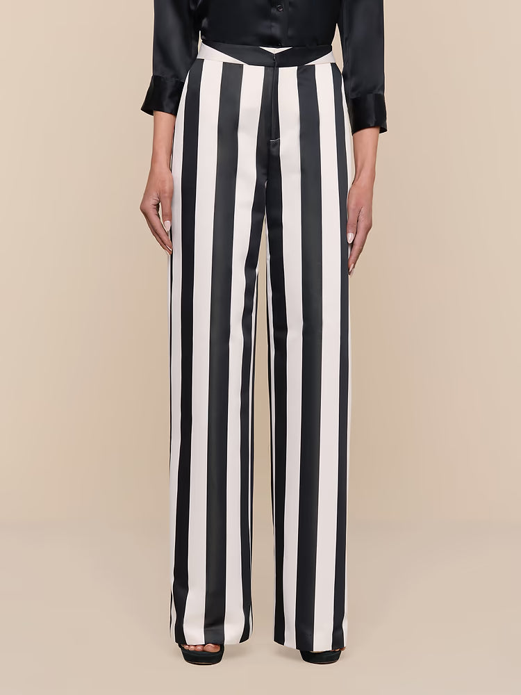 Livvy Satin Straight-Leg Trouser Vintage White/Black Large Stripe - L'AGENCE