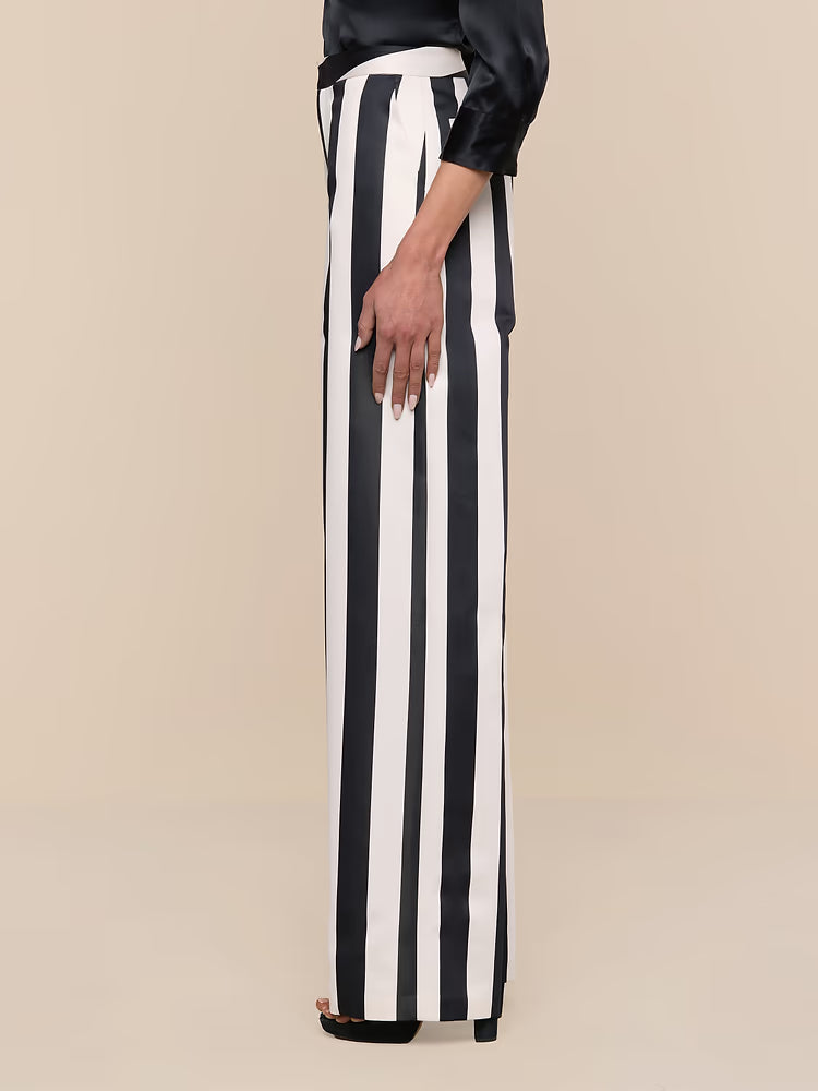 Livvy Satin Straight-Leg Trouser Vintage White/Black Large Stripe - L'AGENCE