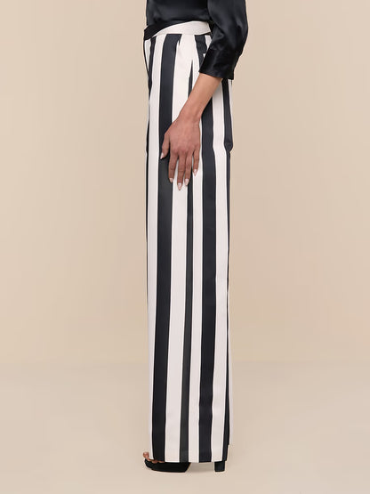Livvy Satin Straight-Leg Trouser Vintage White/Black Large Stripe - L'AGENCE