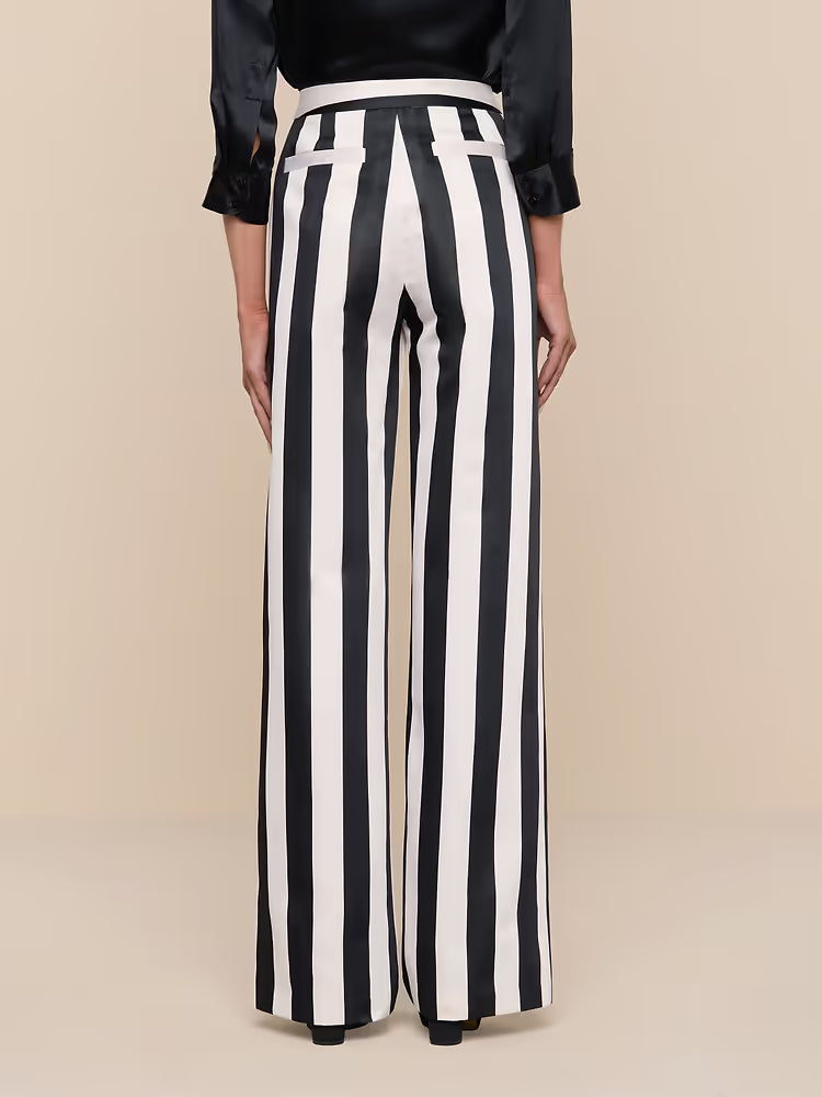 Livvy Satin Straight-Leg Trouser Vintage White/Black Large Stripe - L'AGENCE