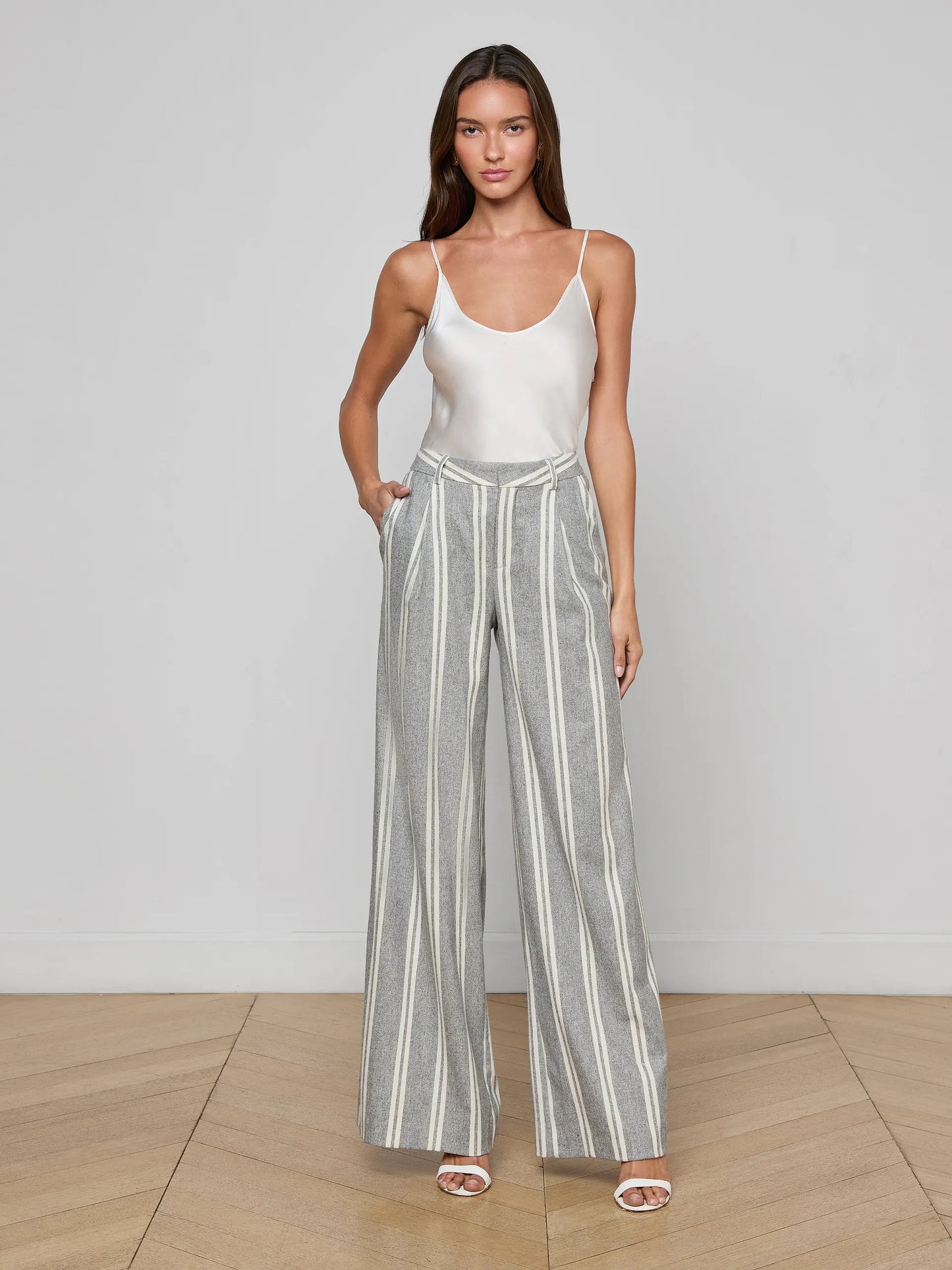 Allanah Pinstriped Trouser Grey/Ivory Stripe - L'AGENCE